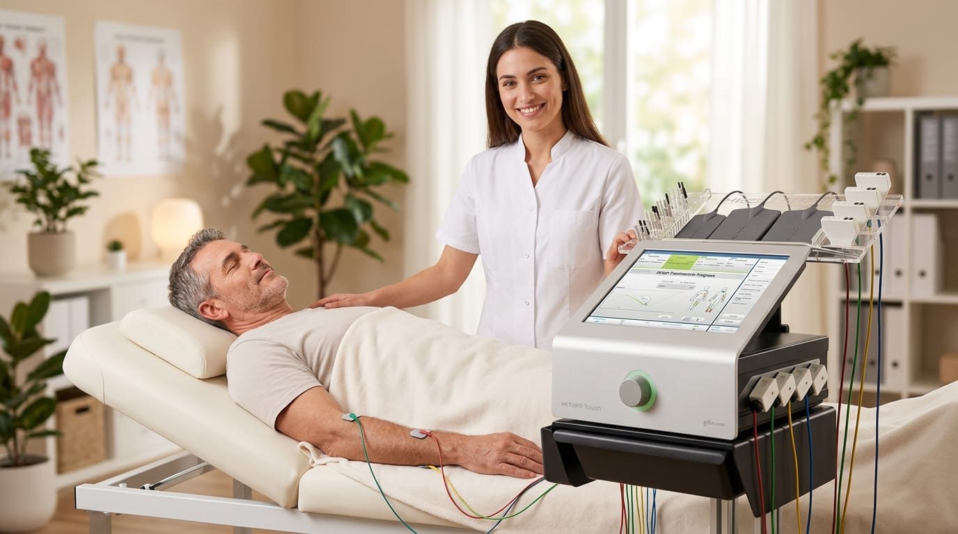 Behandlungssituation: Therapeutin und Patient auf einer Behandlungsliege neben dem Hochtontherapie-Gerät