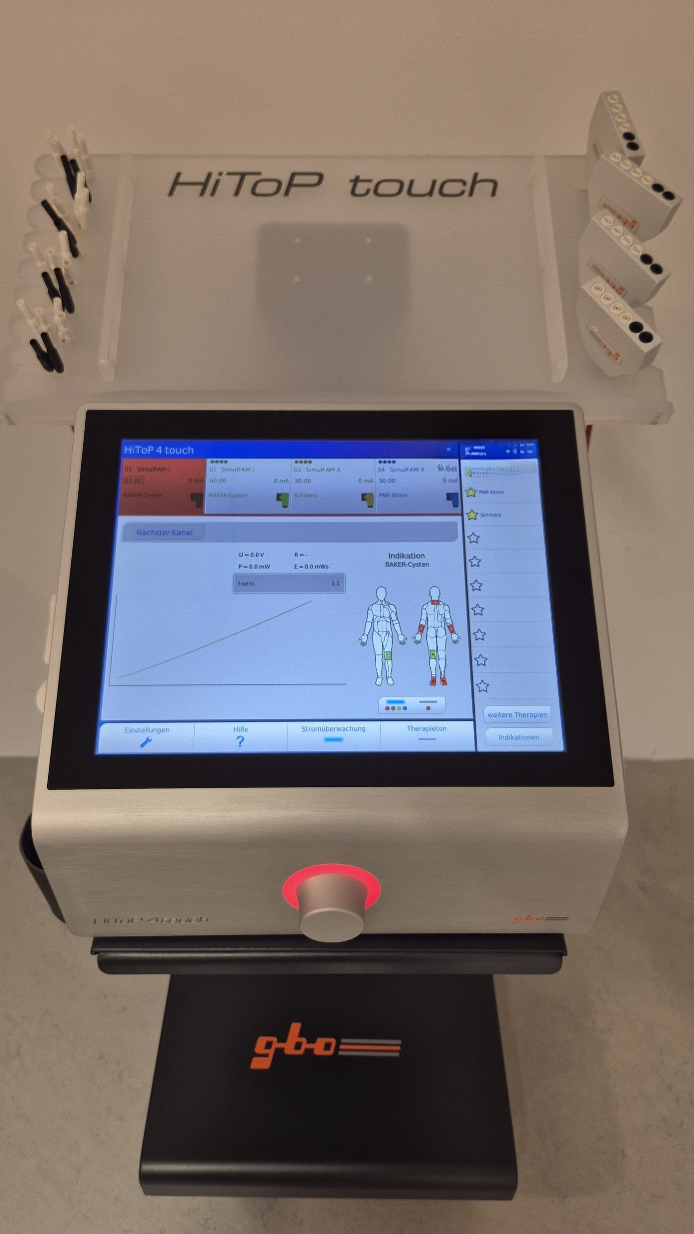 Hochtontherapie-Gerät HiToP 4 touch von oben mit Touch-Display, Drehregler und Elektrodenablage