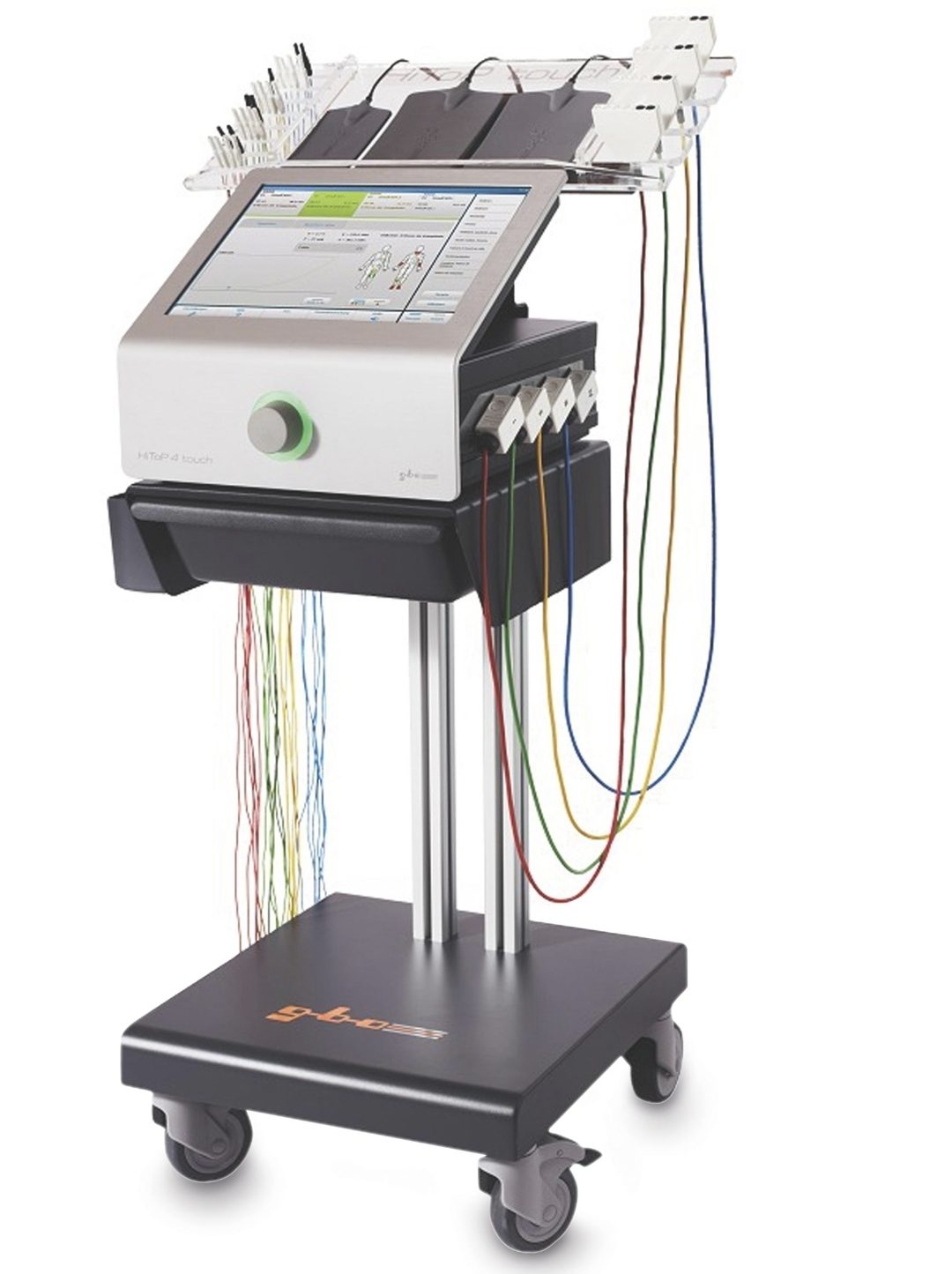 Hochtontherapie-Gerät HiToP 4 touch auf fahrbarem Gerätewagen mit Bildschirm, Drehregler und Elektrodenkabeln